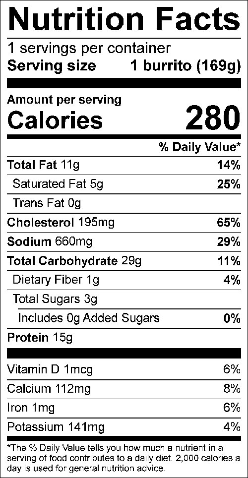Brunching Burrito Food Nutrition Facts Label: Click on this image for complete nutrition information.