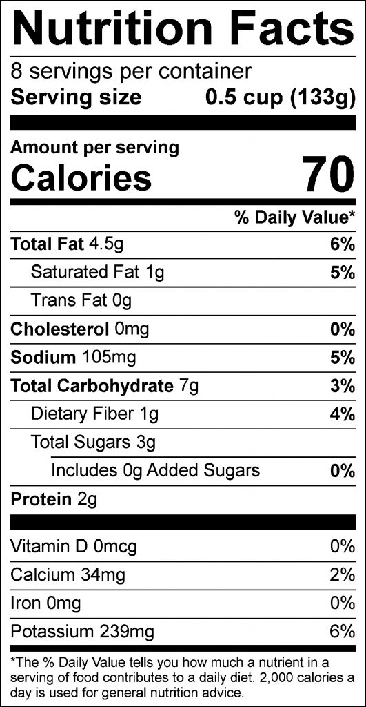Garden Skillet Sizzle Nutrition Facts Label