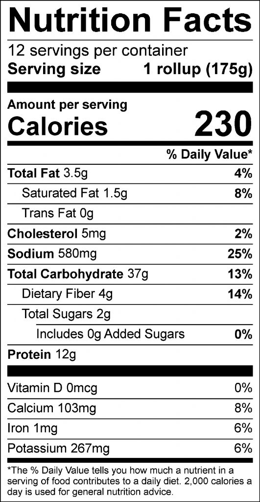 Make-Ahead Mexican Rollups Nutrition Facts Label