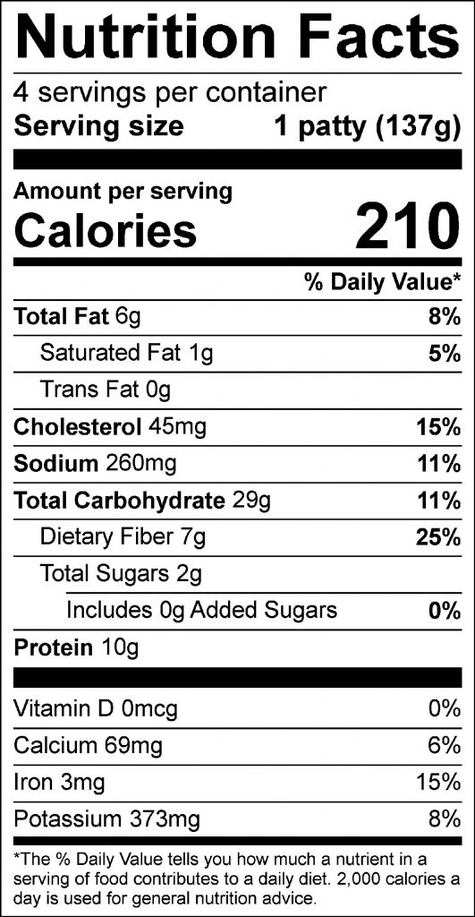Black Bean Burger Nutrition Facts Label: Click on this image for complete nutrition information