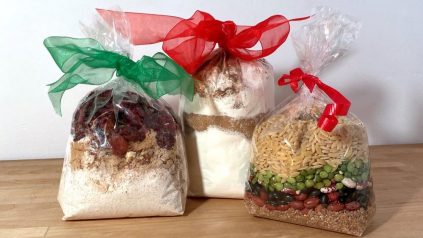 Three decorated bags with dry mix in each of them