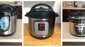 three different electric pressure cookers are show side-by-side on a kitchen counter