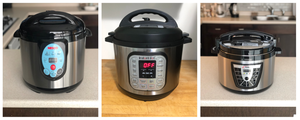 three different electric pressure cookers are show side-by-side on a kitchen counter