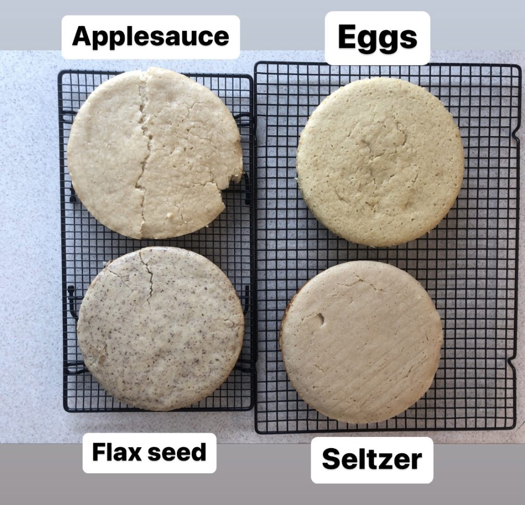 Four round cakes labeled with applesauce, eggs, flax seed, and seltzer