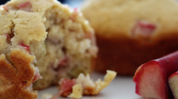 Two rhubarb muffins on a plate with two stalks of rhubarb on the side
