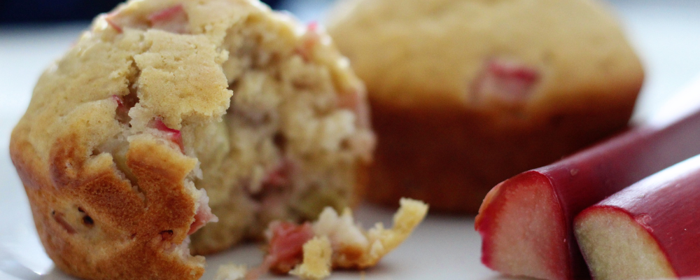 Two rhubarb muffins on a plate with two stalks of rhubarb on the side