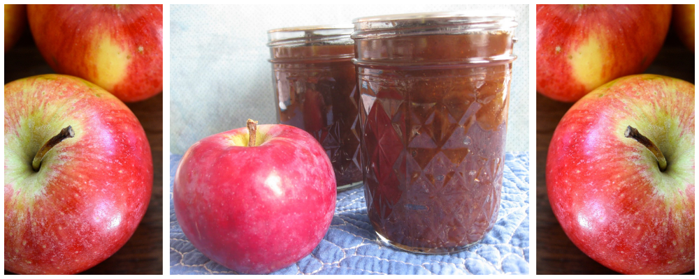 3 panel image with apples and apple butter in jars.