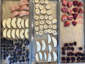A tray of freeze dried fruits including berries, citrus slices, pineapple chunks, and apple slices.