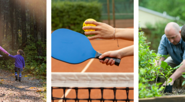 Collage of photos of people being active, including a woman and kids walking in the forest, pickleball, and a man and kid gardening.