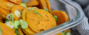 Sweet potato salad in a glass container