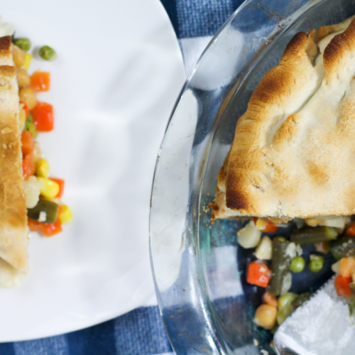 slice of chickpea pot pie on a plate next to the remainder of pie in a pie plate