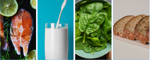 An image of four food items: a salmon fillet, a glass of milk, spinach leaves, and slices of bread.