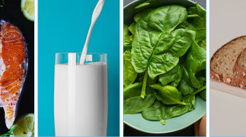 An image of four food items: a salmon fillet, a glass of milk, spinach leaves, and slices of bread.