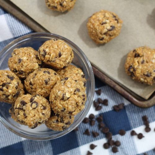 no-bake chocolate chip bites in a bowl and on a tray