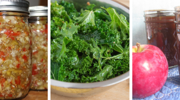 Three pictures in a row: one of canning jars of green and red relish; a bowl of kale leaves; and an apple next to two canning jars of apple butter.