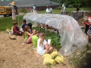 Second graders take note of what’s growing inside the hoop house at Edgecomb Eddy School.