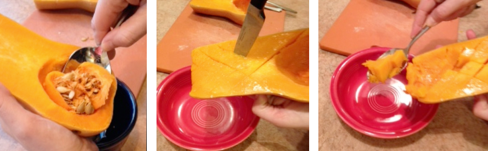 Steps in preparing squash: cut in half length-wise; scoop out seeds; cut slits in a crosshatch pattern through the thick end of squash; scoop into bowls for serving