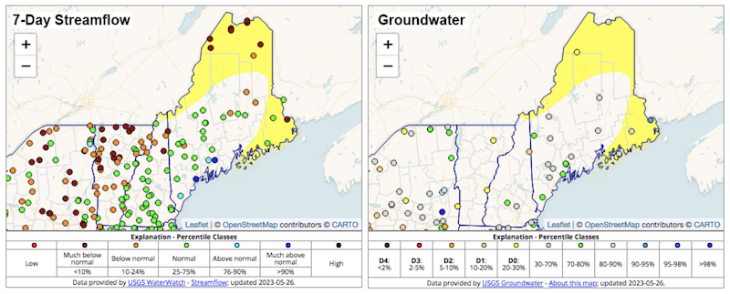 color-coded maps of the state of Maine representing 7 day streamflow and ground water