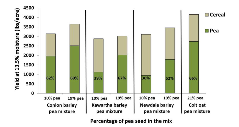 Graph 2. Total yield of cereal/pea mixes and the percent of the harvested grain that was pea.