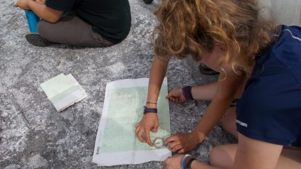 Campers using a map and compass