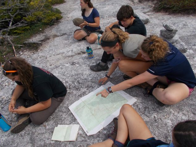 Campers tracking trip with map and compass