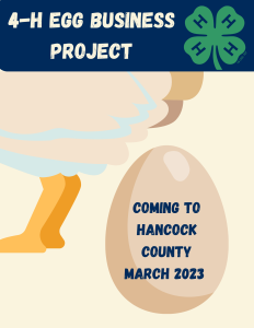 Chicken laying egg that says "egg business project: coming to Hancock county march 2023"
