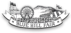 Blue Hill Fair Logo: a crowd around a ferris wheel with Blue Hill in the background