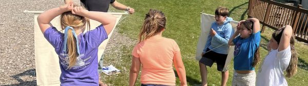 Youth learning how to collect ticks by dragging material across a field.
