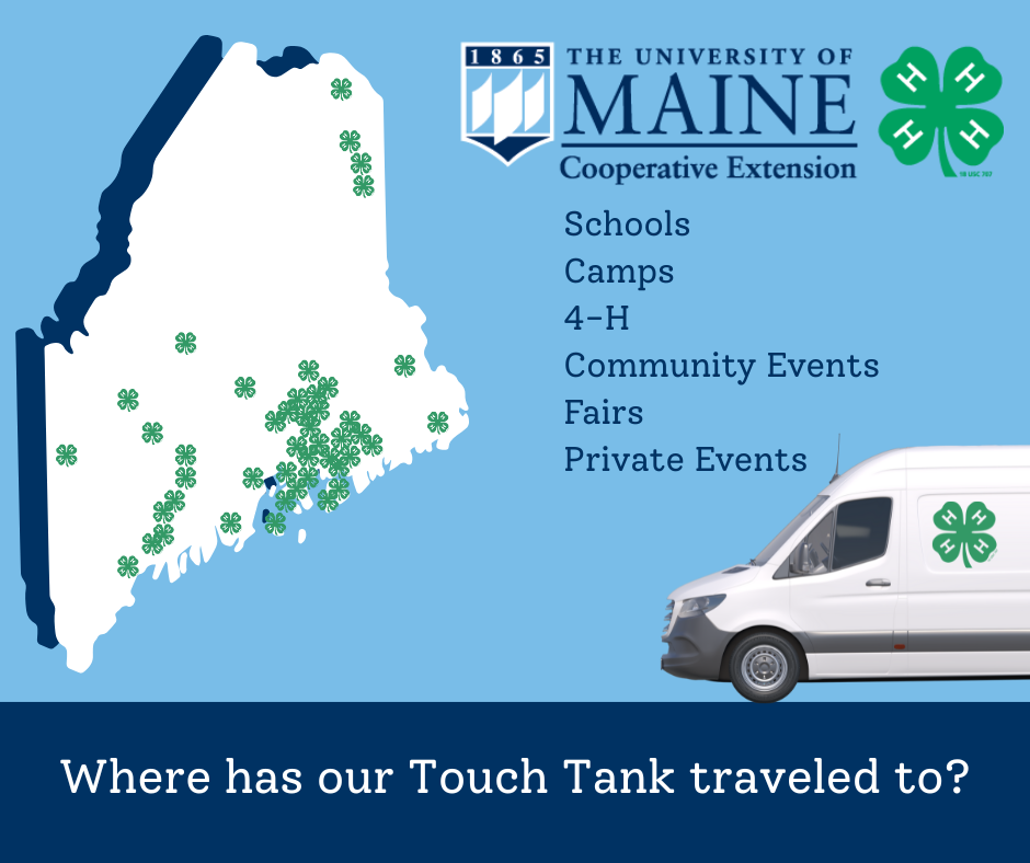 A map of Maine showing where the touch tank has traveled. Locations include all over, with a focus in Downeast Maine.