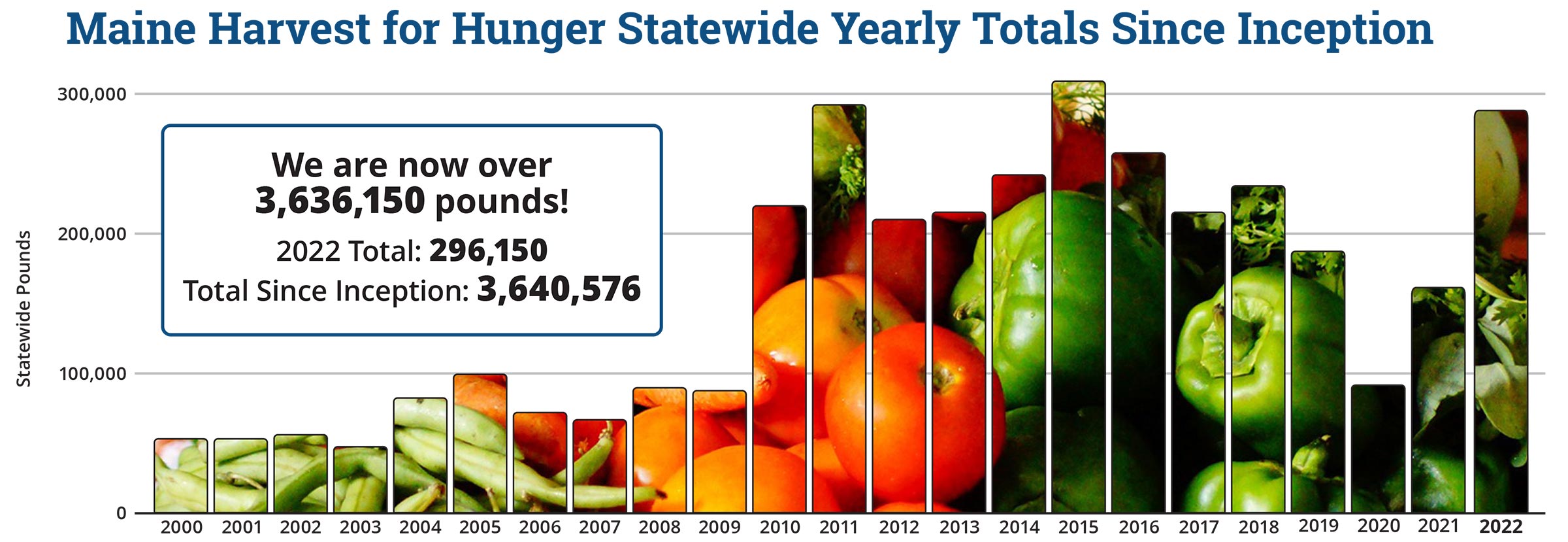 Graph showing statewide donations in pounds from the year 2000 through 2022, titled “Maine Harvest for Hunger Statewide Yearly Totals Since Inception.” Text within infographic reads “We are now over 3,636,150 pounds!, 2022 Total: 296,150, Total Since Inception: 3,640,576.” Follow the link below, “View the Totals,” for year-by-year totals.