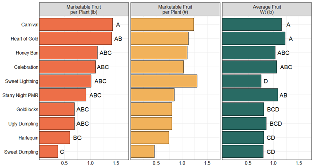 Figure of a chart showing that Carnival, Heart of Gold and Honey Bun had the highest marketable fruit per pound; Sweet Lightning, Carnival and Heart of Gold had the highest marketable fuit per plant; Heart of Gold, Carnival and Starry Night had the largest fruit by weight while Sweet Dumpling had the lowest in all three categories.