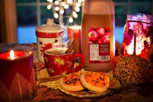 apple cider, cookies, candles