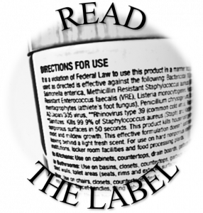 Graphic depicting the directions for use on an aerosol disinfectant with the text 'read the label'