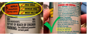 The label of a mosquito repellent. It claims to control mosquitoes that vector EEE, Zika, and WNV. The EPA registration number is highlighted to demonstrate that this is a legal product.