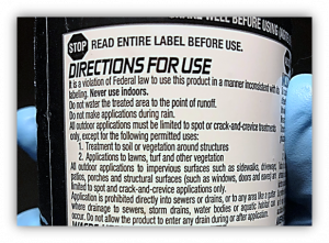 An insecticide label. Displays 'STOP. READ THE ENTIRE LABEL BEFORE USE.' and 'It is a violation of Federal law to use this product in a manner inconsistent with its labeling.'