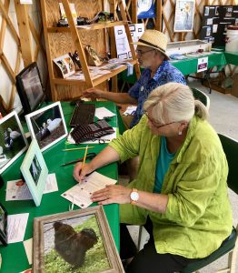 a man and woman judging 4-H projects seated at a table of photographs