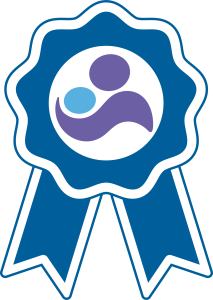 logo including a blue ribbon witha symbol of a parent and baby in the center
