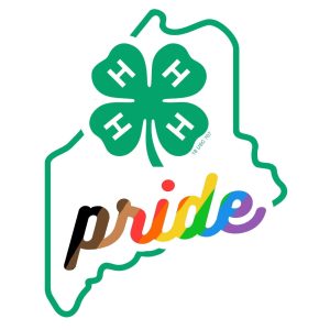 a green outline of the state of Maine overprinted with the 4-H clover and the word "pride" in rainbow stripes