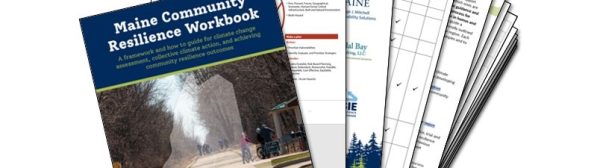 graphic of Maine Community Resilience Workbook with pages splayed like a fan