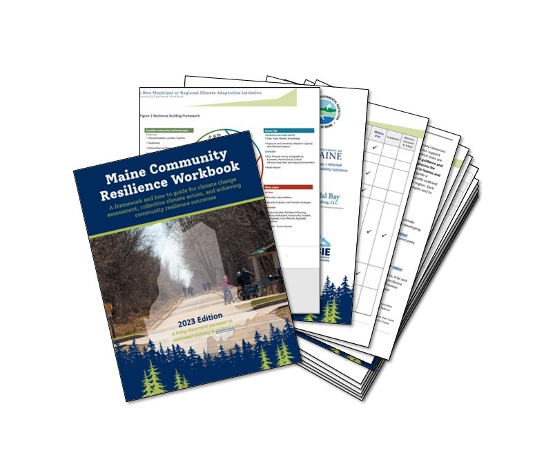 graphic of Maine Community Resilience Workbook with pages splayed like a fan