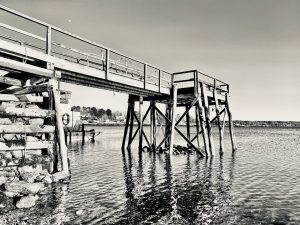 black and white photo of a deep-water dock in a harbor with land, houses in the distance