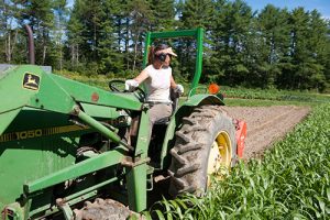 Woman farmer on tractor in corn field