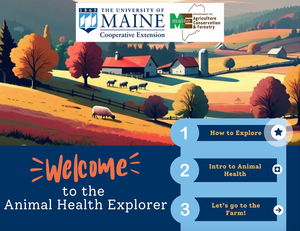 a screenshot of the opening slide for the Animal Health Hub Virtual Tour, "Animal Health Explorer"