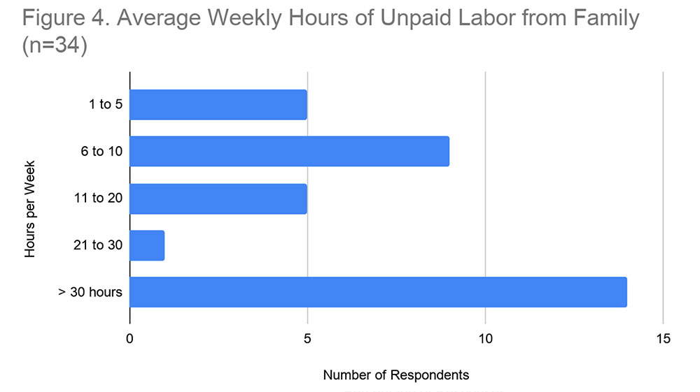 Figure 4: Average Weekly Hours of Unpaid Labor from Family: 1 to 5 = 5%; 6 to 10 = 9%; 11 to 20 = 5%; 21 to 30 = 1%; > 30 hours = 14% of respondents