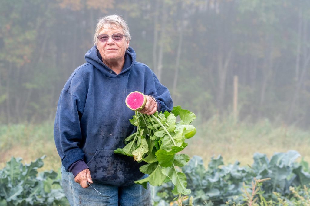 a farmer holding a fresh-from-the-garden radish that has been cut open