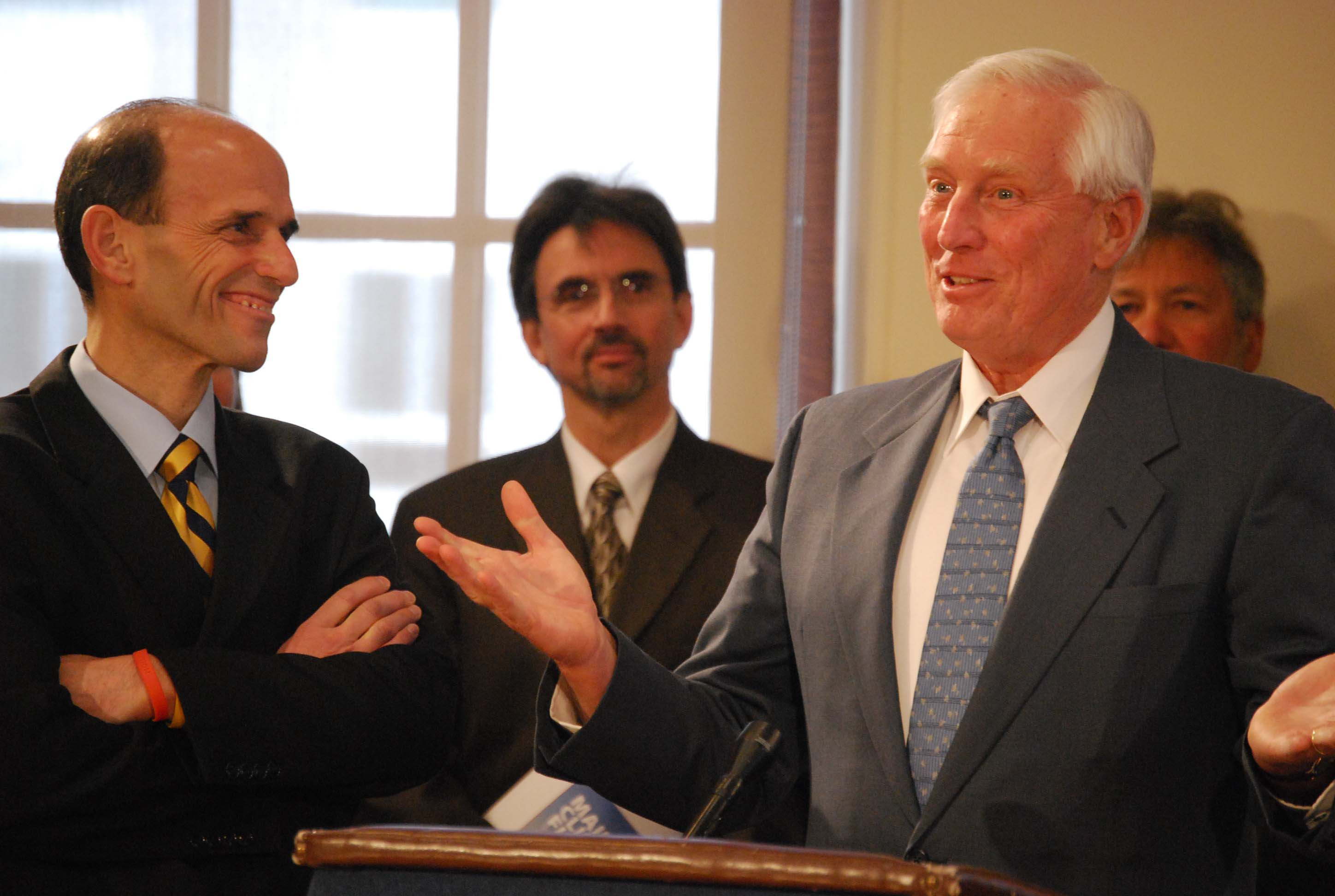 George Jacobson (right) presents Maine's Climate Future to Governor John Baldacci (left), February, 2010.
