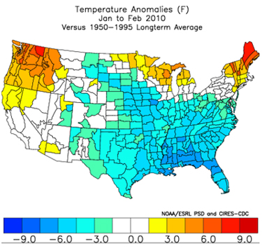 map of U.S. showing temperature anomalies, January to February 2010, versus 1950-1995 longterm average