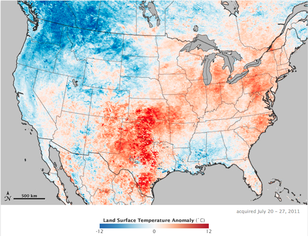 Map of U.S. showing land surface temperature anamolies