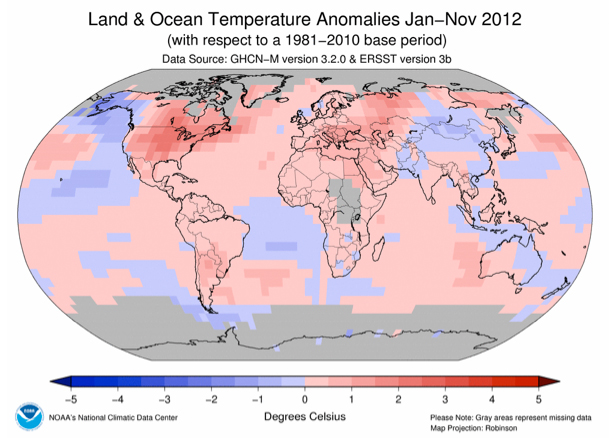 Map of Earth showing Land and Ocean Temperature Anomolies for 2012