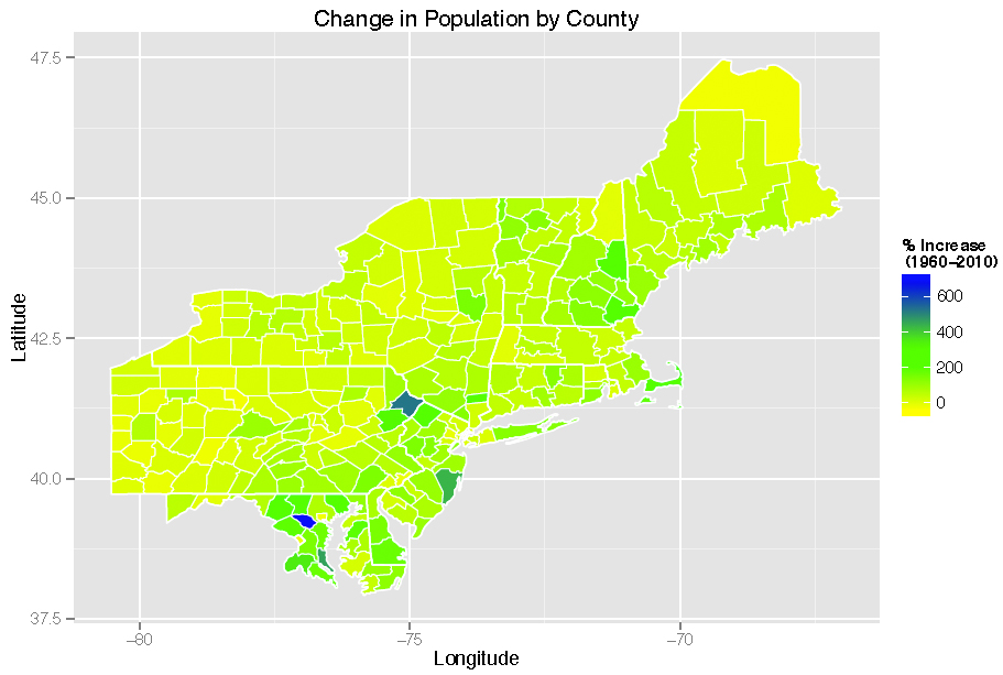 A map showing the increase (0 to 600%) in population by county from 1960 to 2010.